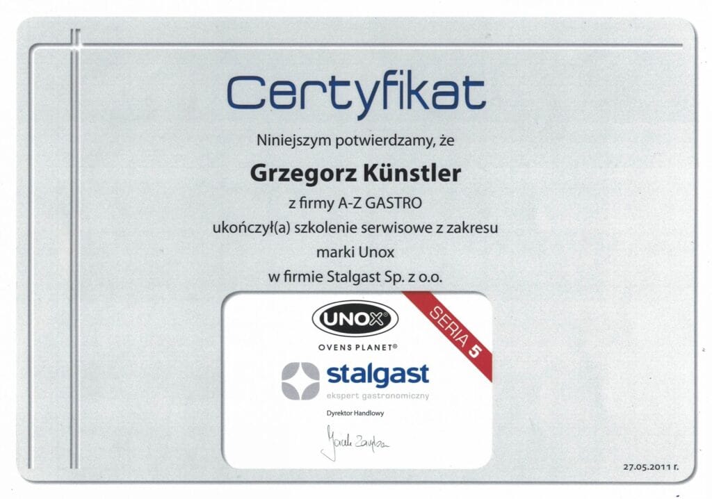 Certyfikat naprawa sprzętu gastronomicznego Stalgast