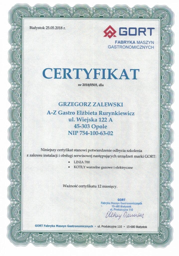 Certyfikat autoryzowany serwis GORT